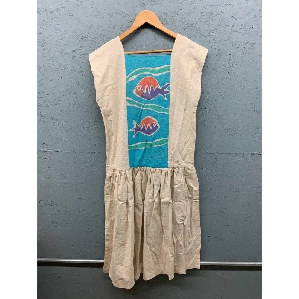 Handmade Women's Boho Dress S/M Natural Cotton Landscape Print Sleeveless Rustic